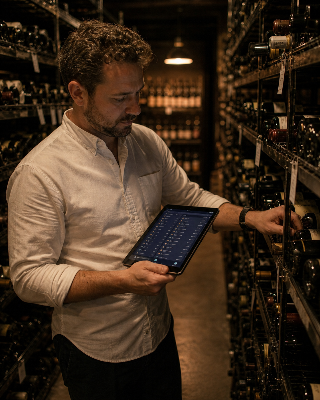 Sommelier in the cellar with a tablet — catalog and inventory in one view