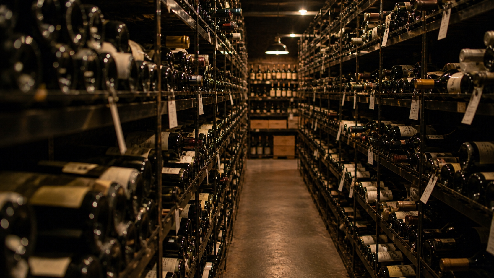 Wine cellar shelves with bottles