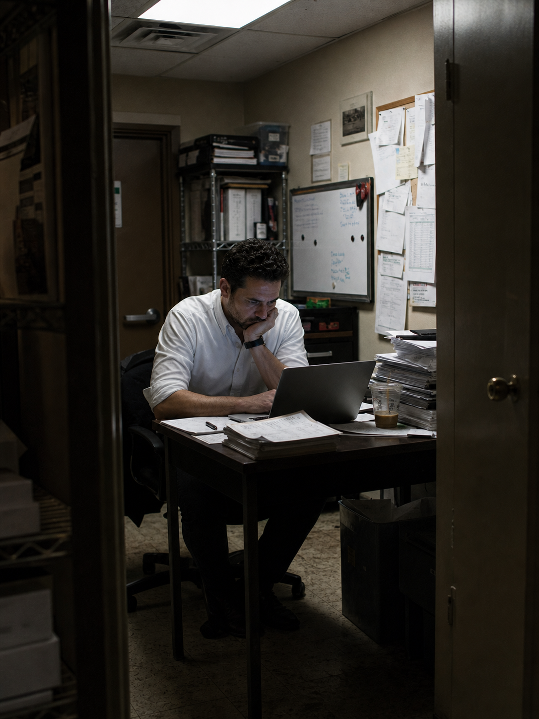 Restaurant manager late at night doing books in the back office
