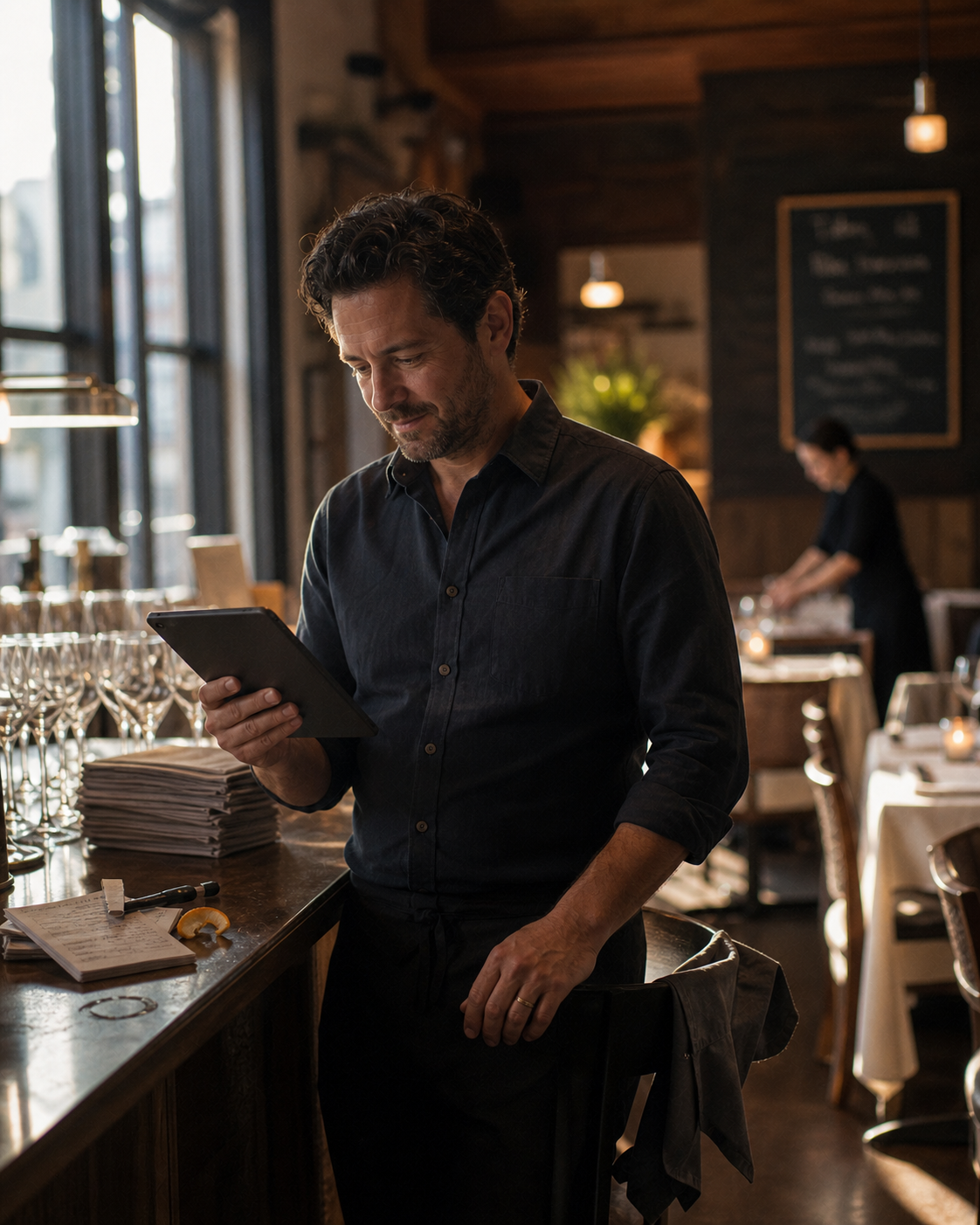 Owner glancing at a tablet at the bar before service