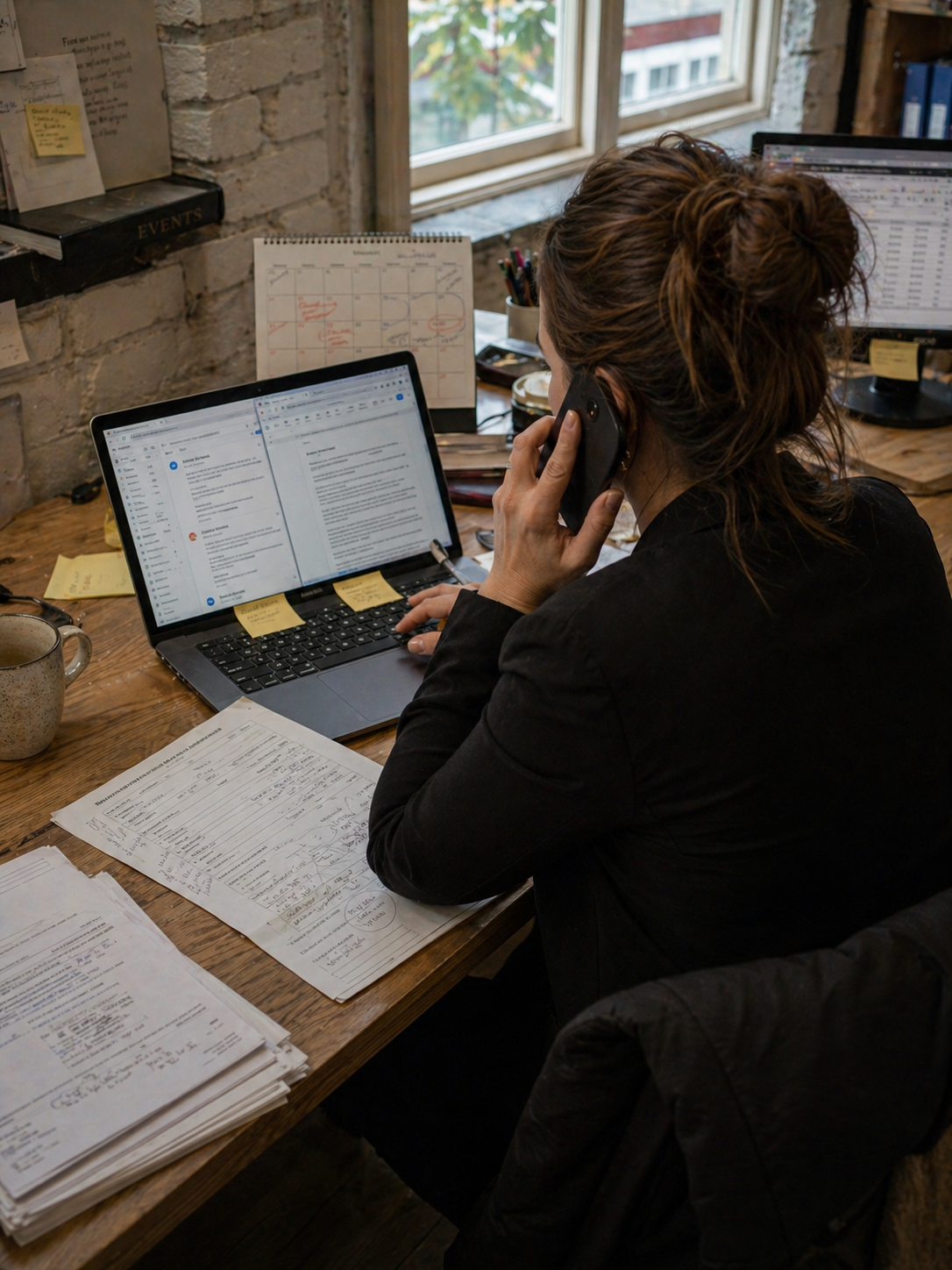 Cluttered event planning desk