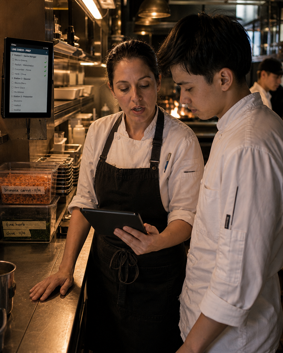 Sous chef walking the line in pre-service, tablet at her chest, pointing out station par levels to a young cook beside her