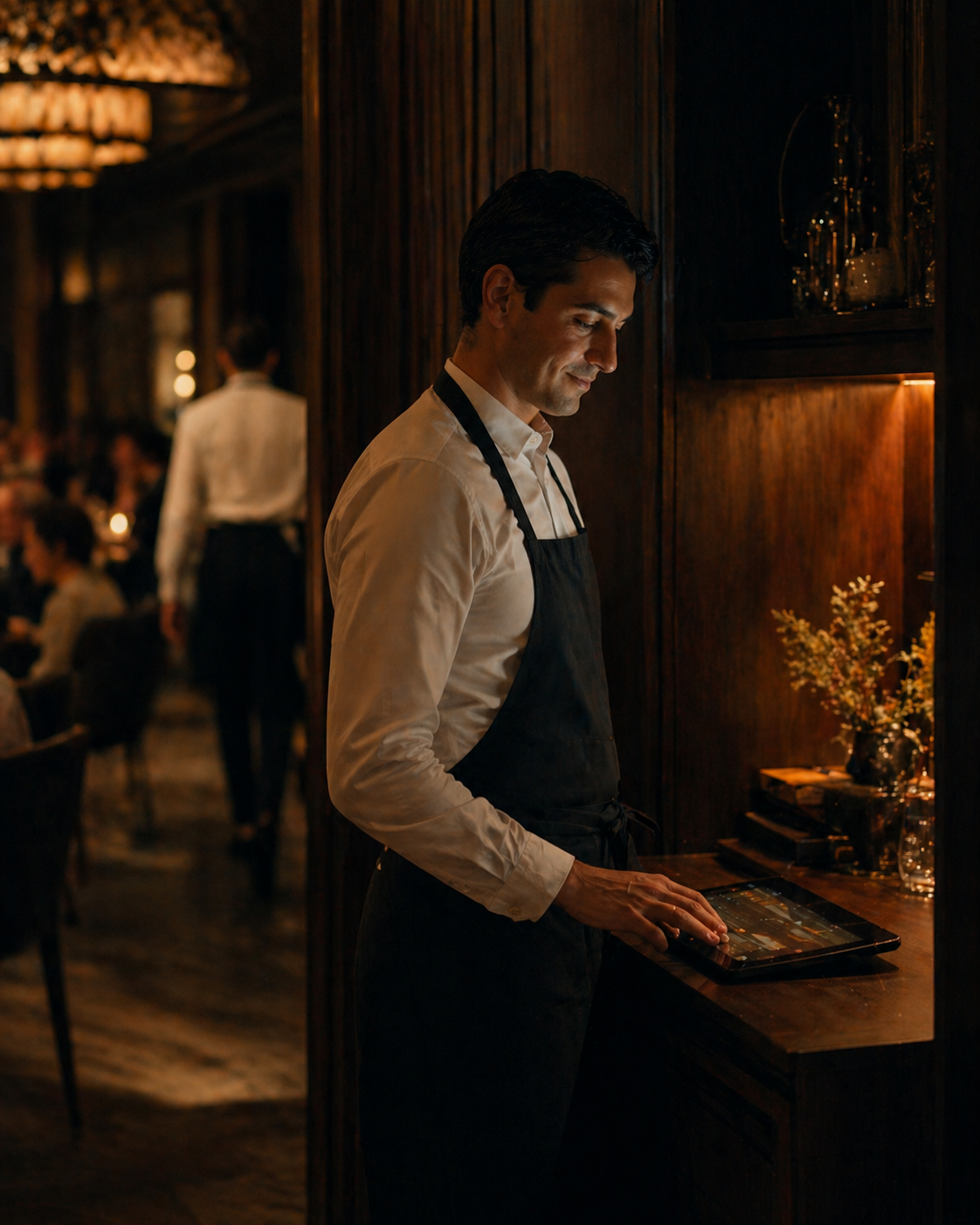 Server at a fine dining table, composed