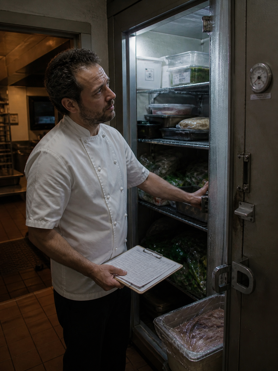 Chef checking walk-in cooler temperature
