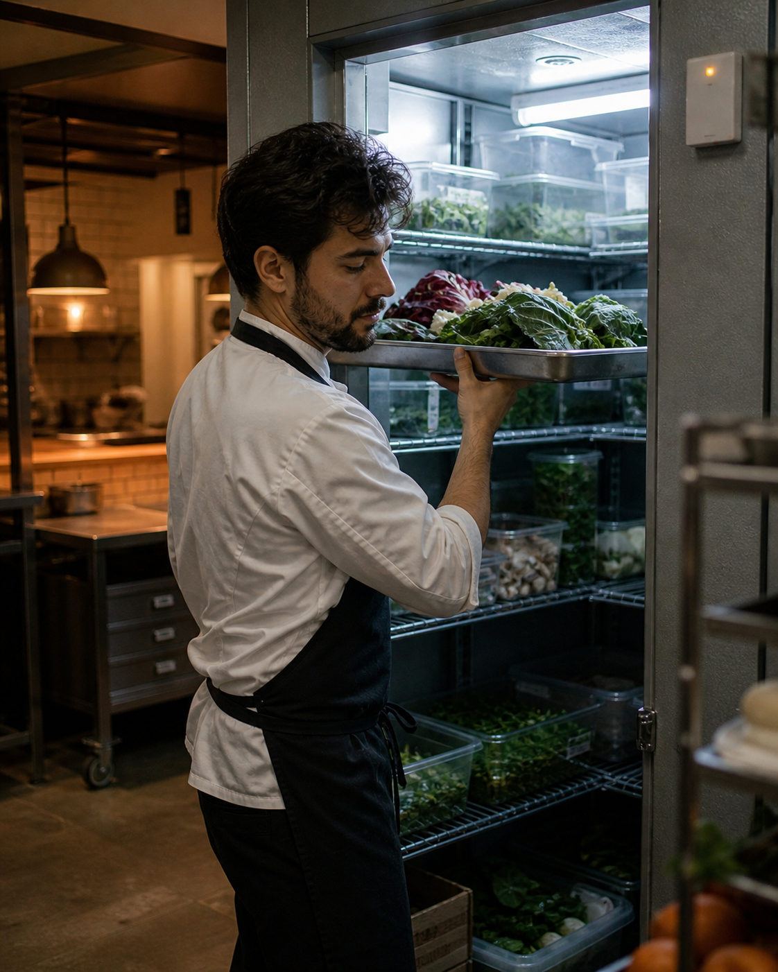 Chef pulling product from a monitored walk-in