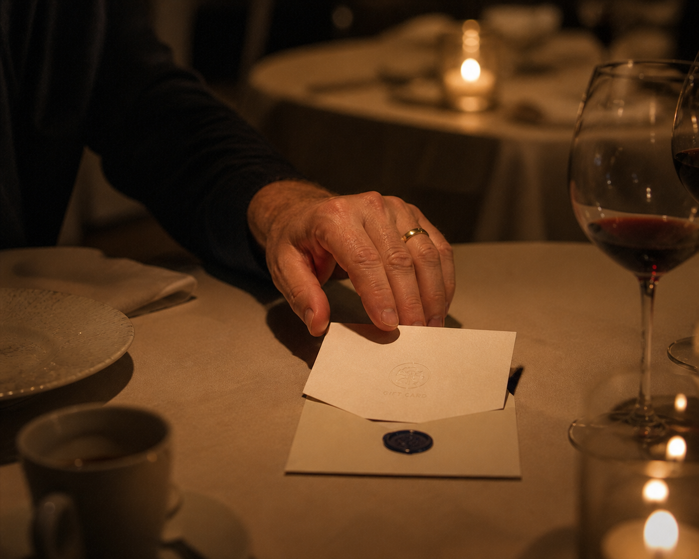 Letterpressed gift card on a candlelit dining table at the end of service