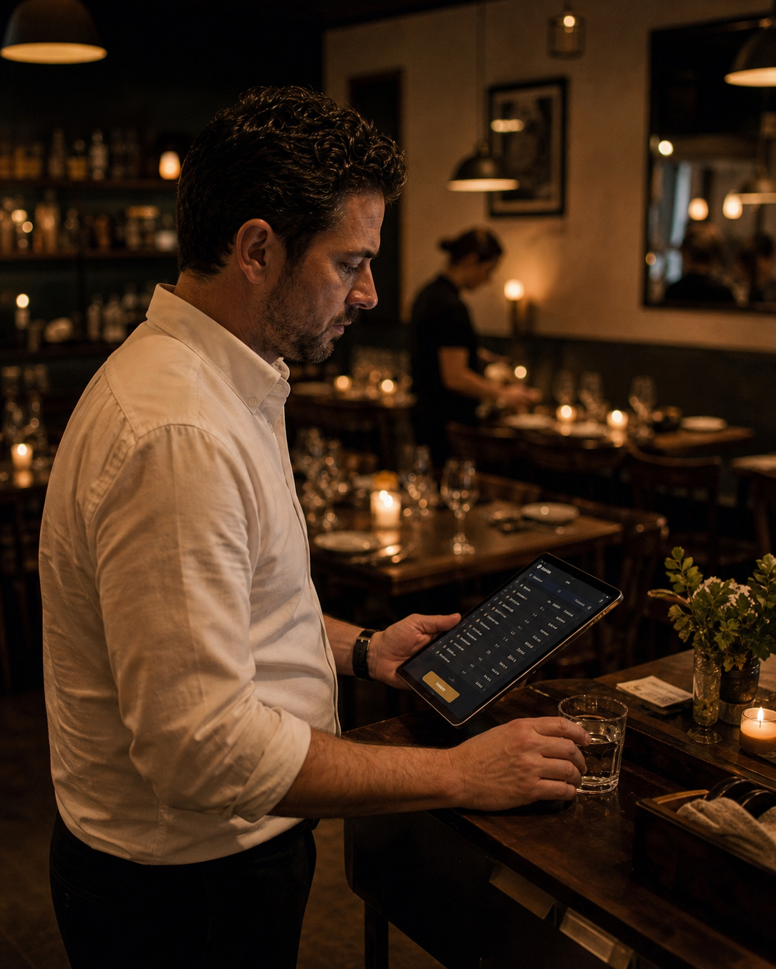 GM approving the pay run on a tablet before service