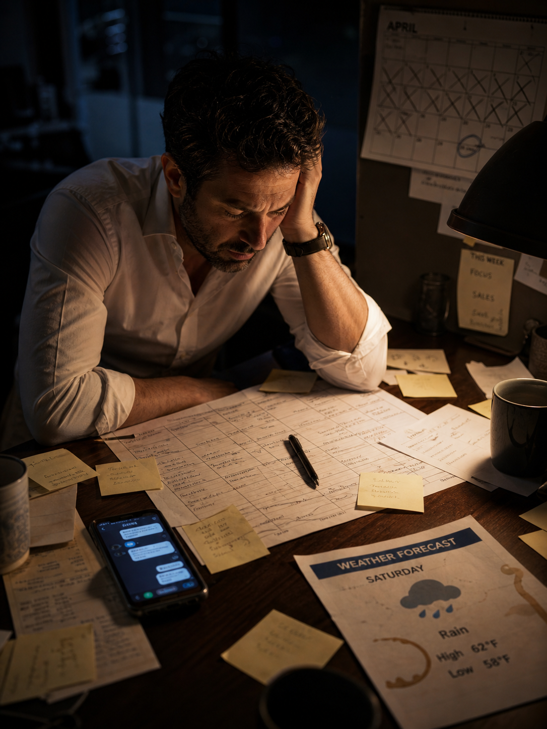 Weary GM at a desk late at night surrounded by a marked-up paper schedule, sticky-note shift swaps, and a rain-soaked forecast printout