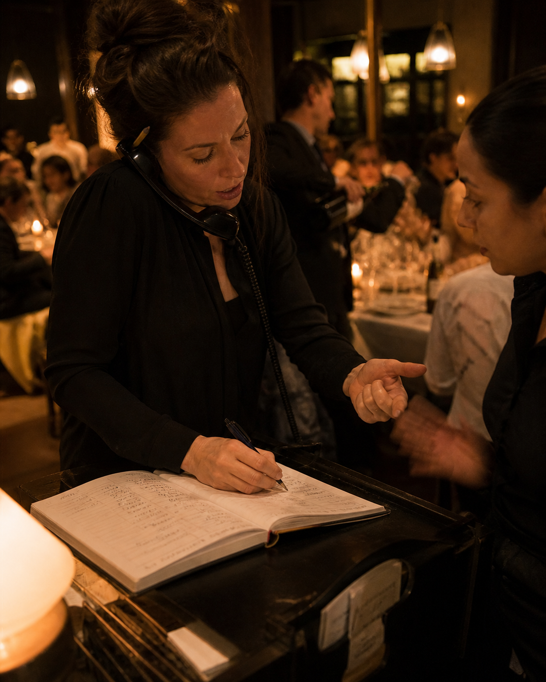 GM at the host stand at peak service, phone to her shoulder, writing in the reservation book while a server leans in